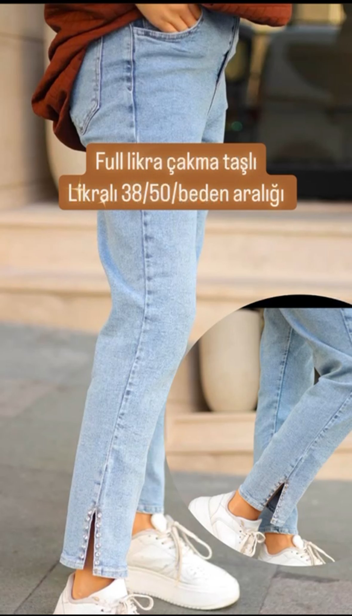 Yan Taşlı Buz Mavi Likralı Kot image