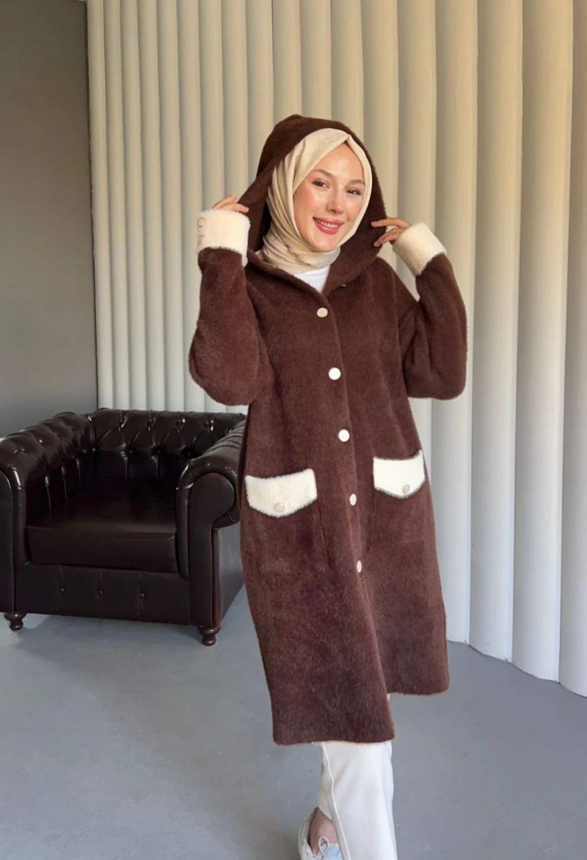 Yeni Sezon Kapişonlu Cepli Angora Uzun Hırka