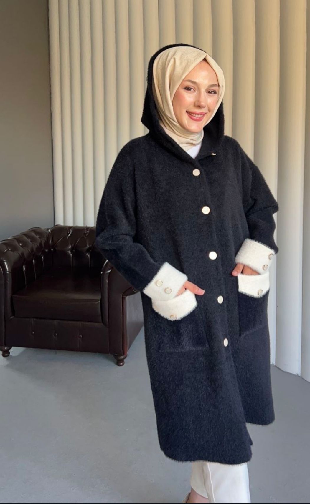 Yeni Sezon Kapişonlu Cepli Angora Uzun Hırka