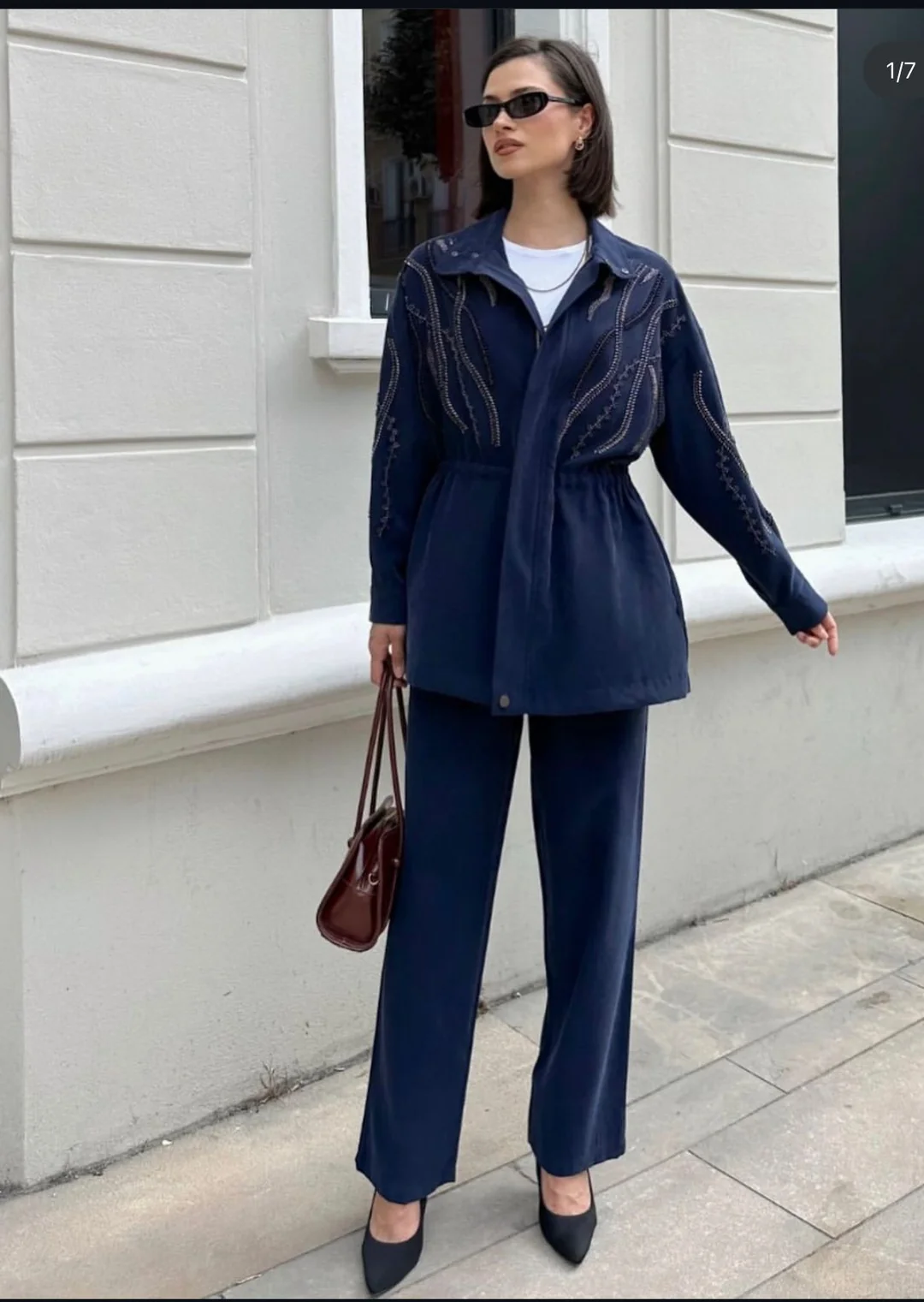 Taş İşlemeli Bel Stoperli Fermuarlı Kupra Kumaş Takım  image