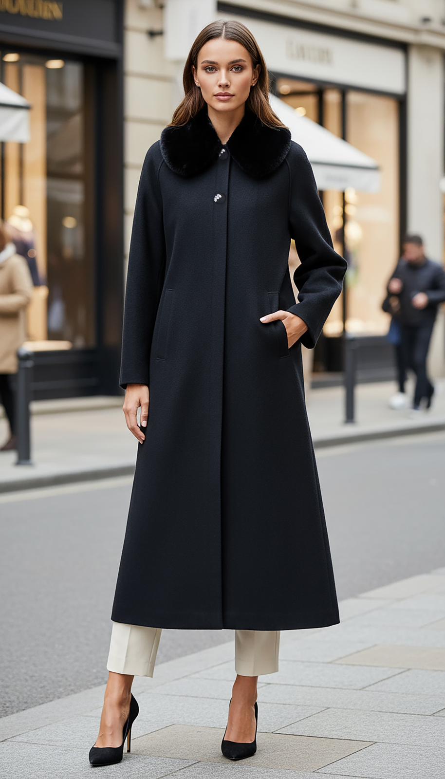 Kürk Yakalı Uzun Kaşe Kaban – image