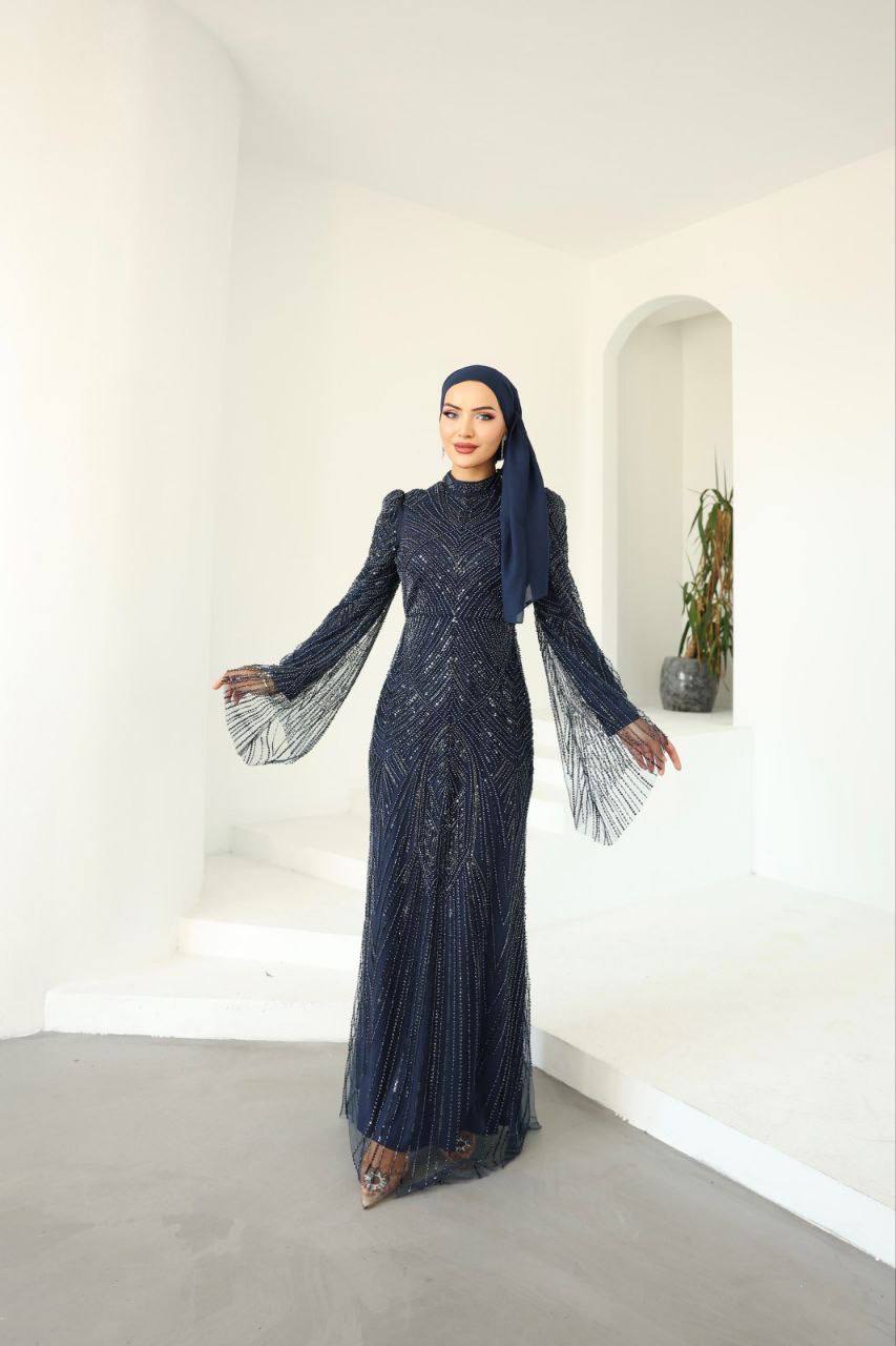 Pul ve Boncuk İşlemeli Tesettür Abiye