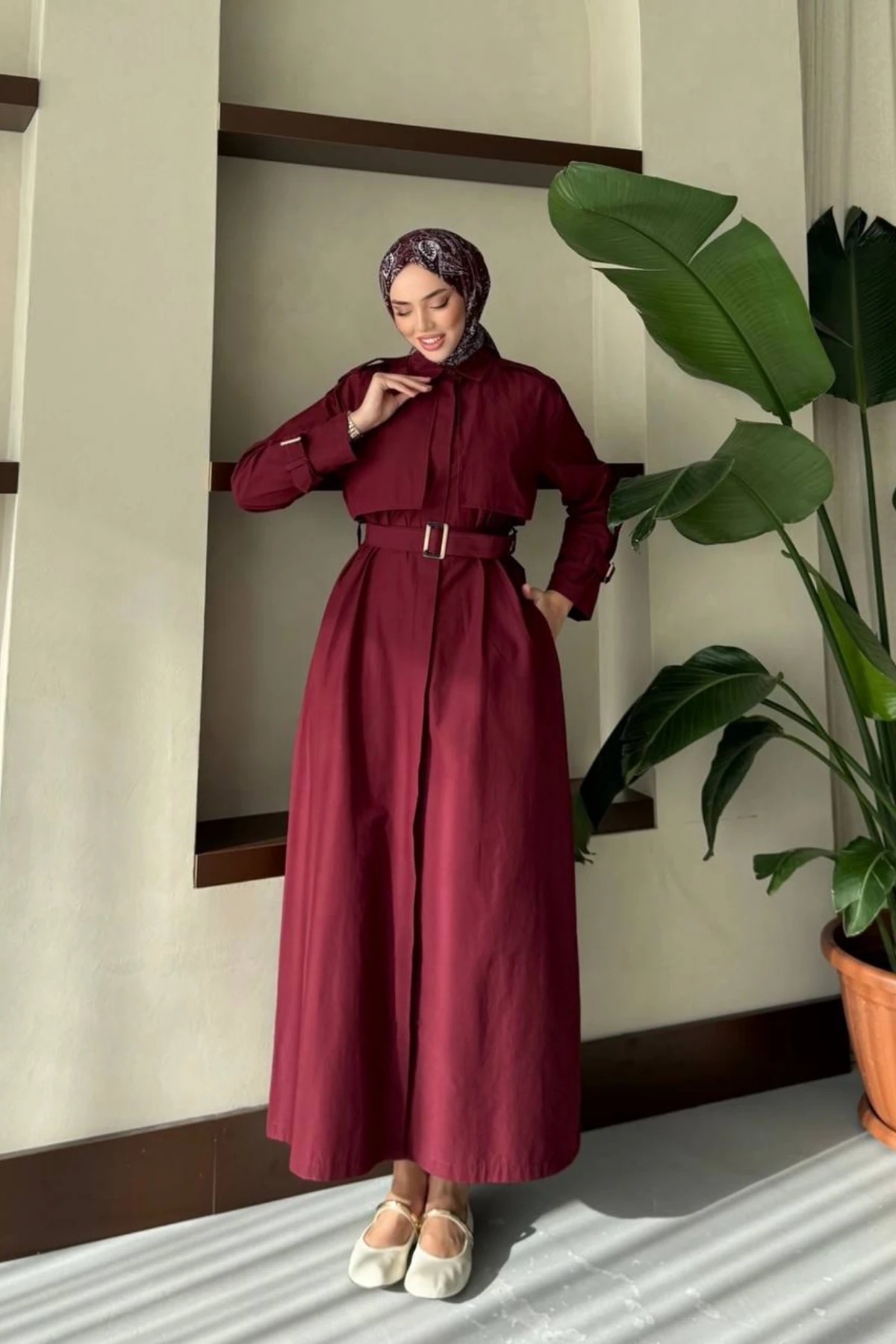 Gömlek Yaka Kolda Ve Belde Kemer Detaylı Trenç Görünümlü Poplin Elbise