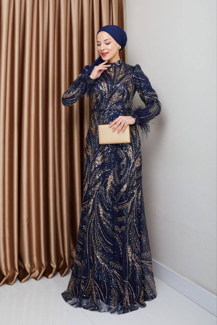 Tüy Detaylı Taş ve Pul İşlemeli Tesettür Abiye