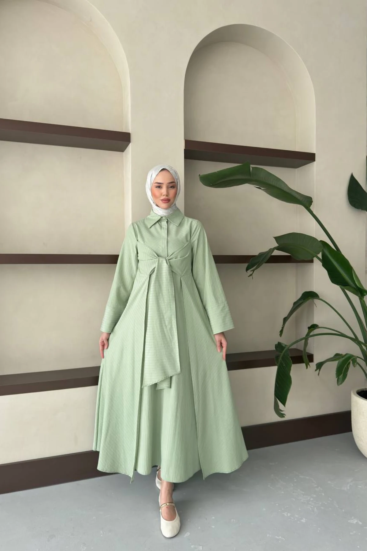 Gömlek Yaka, Geniş Kol Belden Bağlama Detaylı Viskon Çizgili Elbise