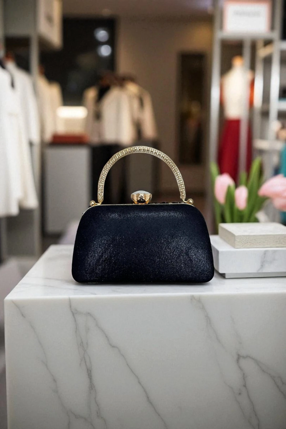 Parlak Kadife Kristal Taş Desenli Abiye Çanta