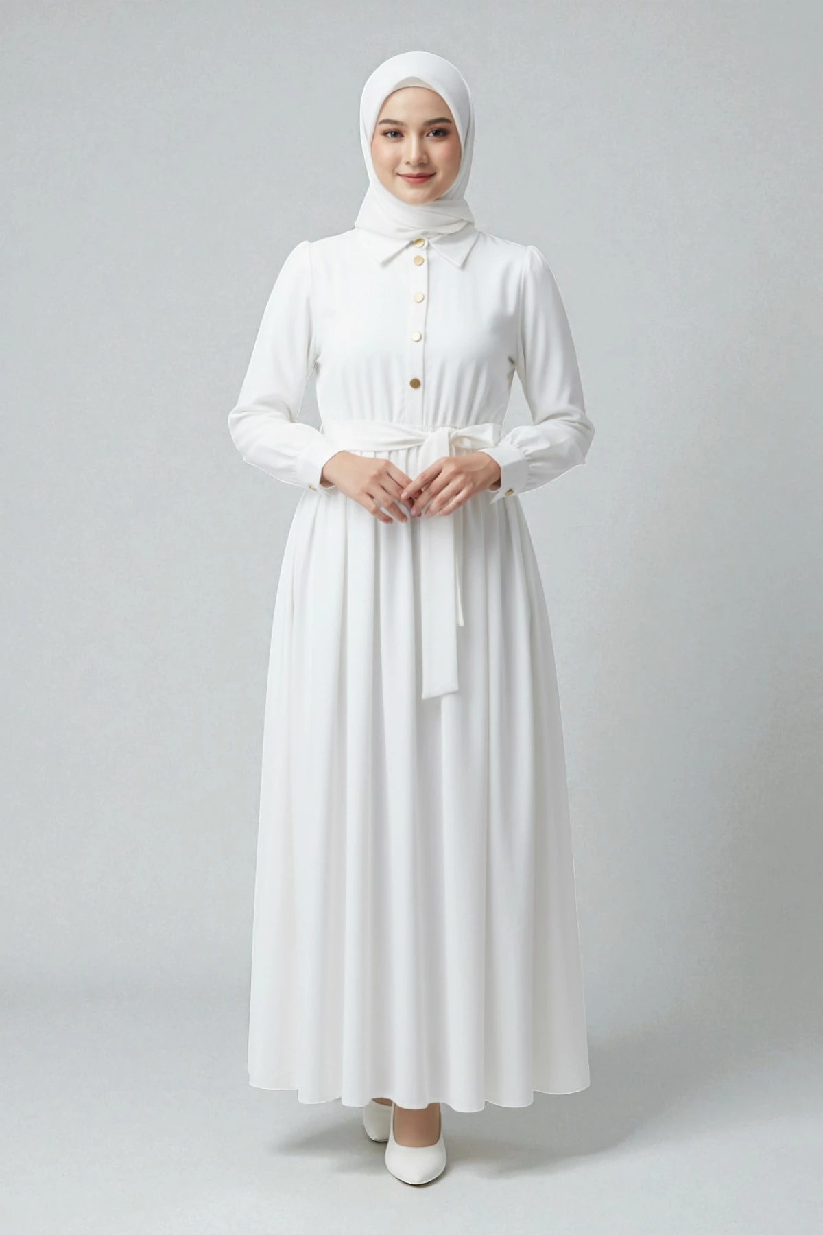 Yarım Düğmeli Kuşak Detaylı Tesettür Elbise