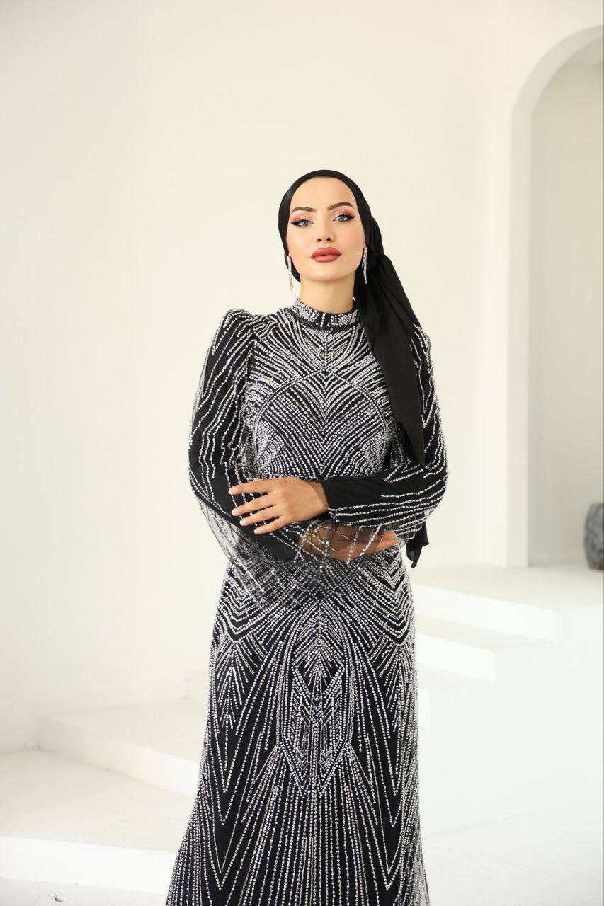 Pul ve Boncuk İşlemeli Tesettür Abiye