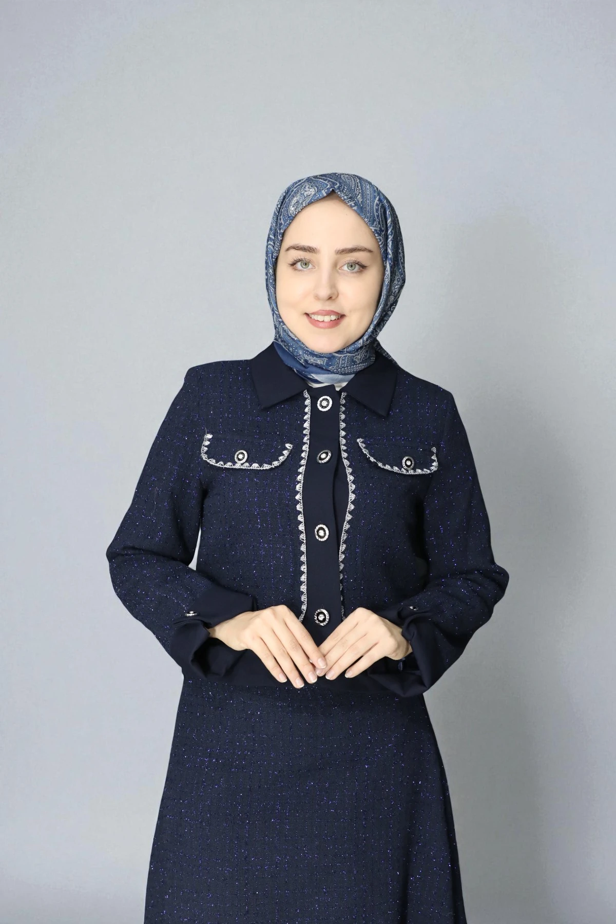 Cepli ve Düğme Detaylı Dokulu İkili Takım