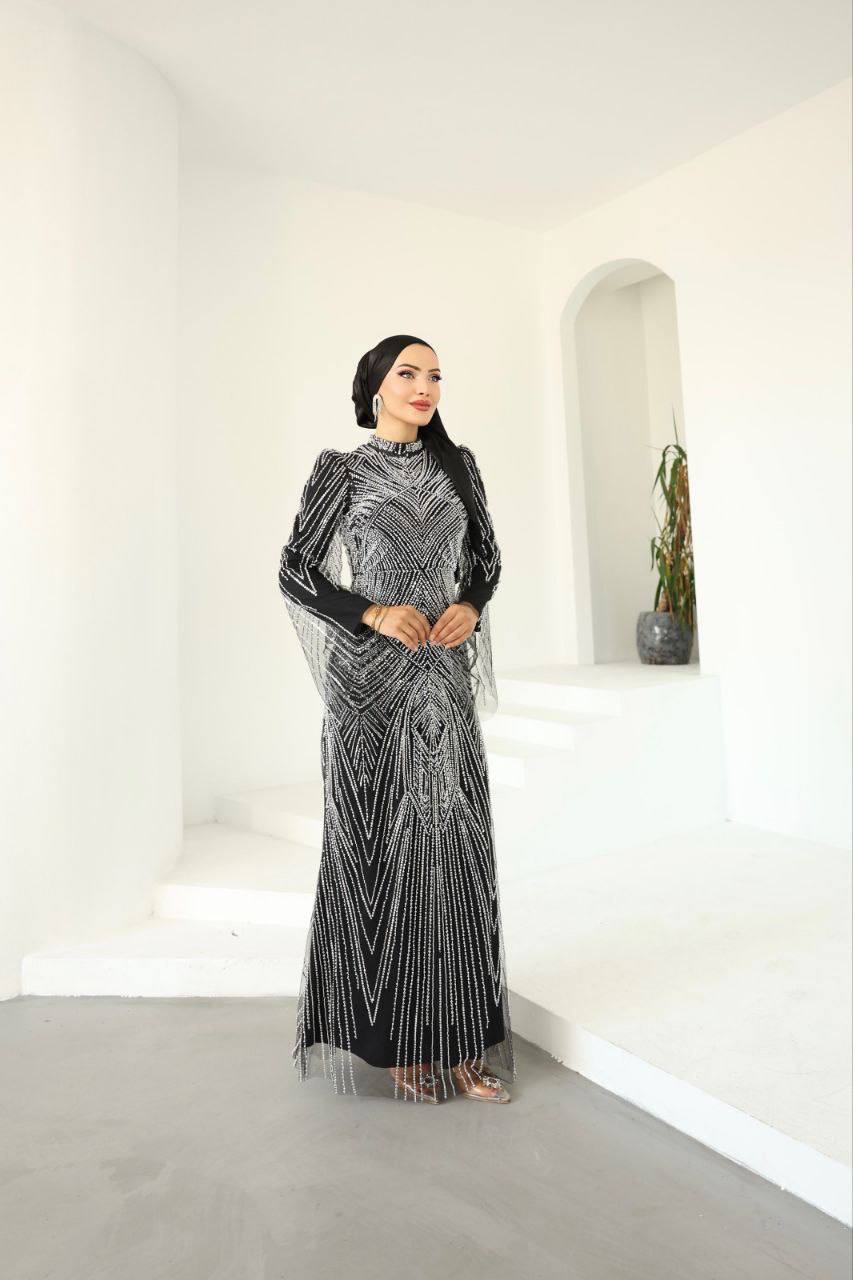 Pul ve Boncuk İşlemeli Tesettür Abiye