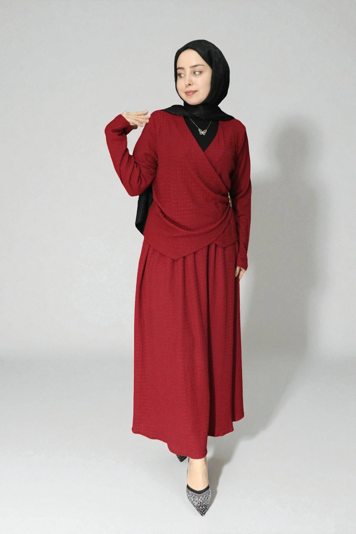 Kruvaze Drape Detaylı Geniş Etekli İkili Takım