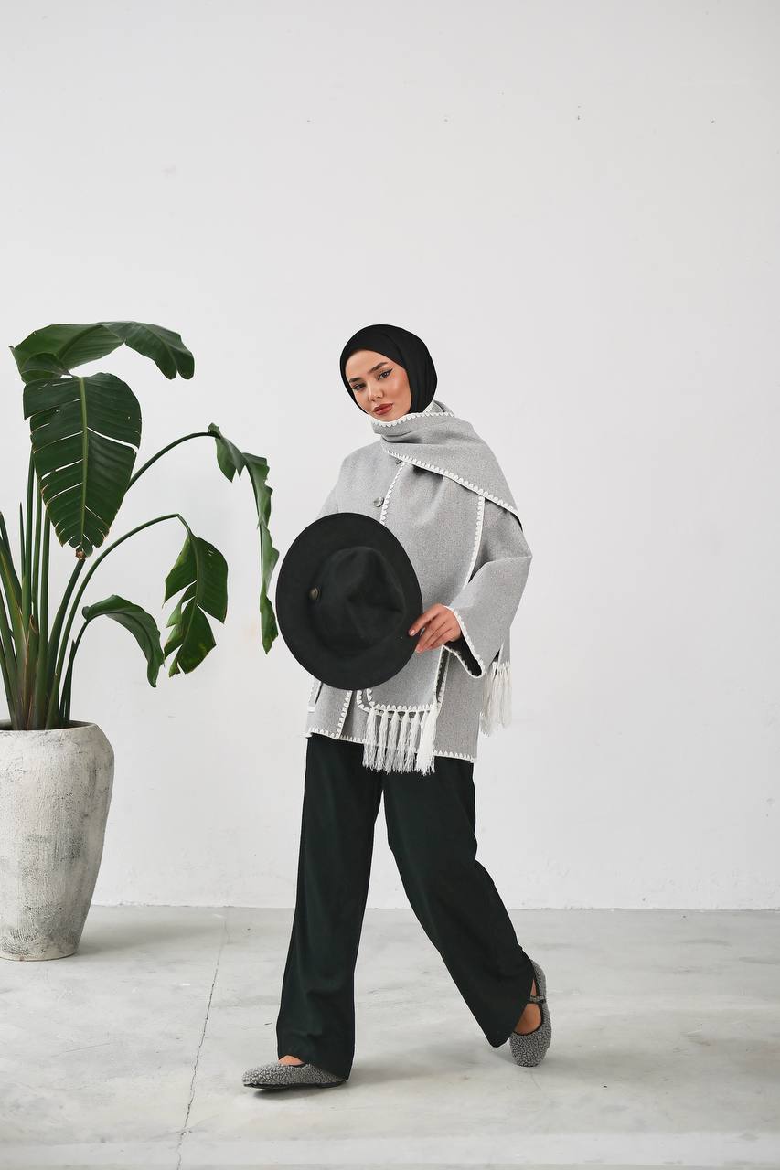 Şık Püsküllü Modern Panço ve Atkı