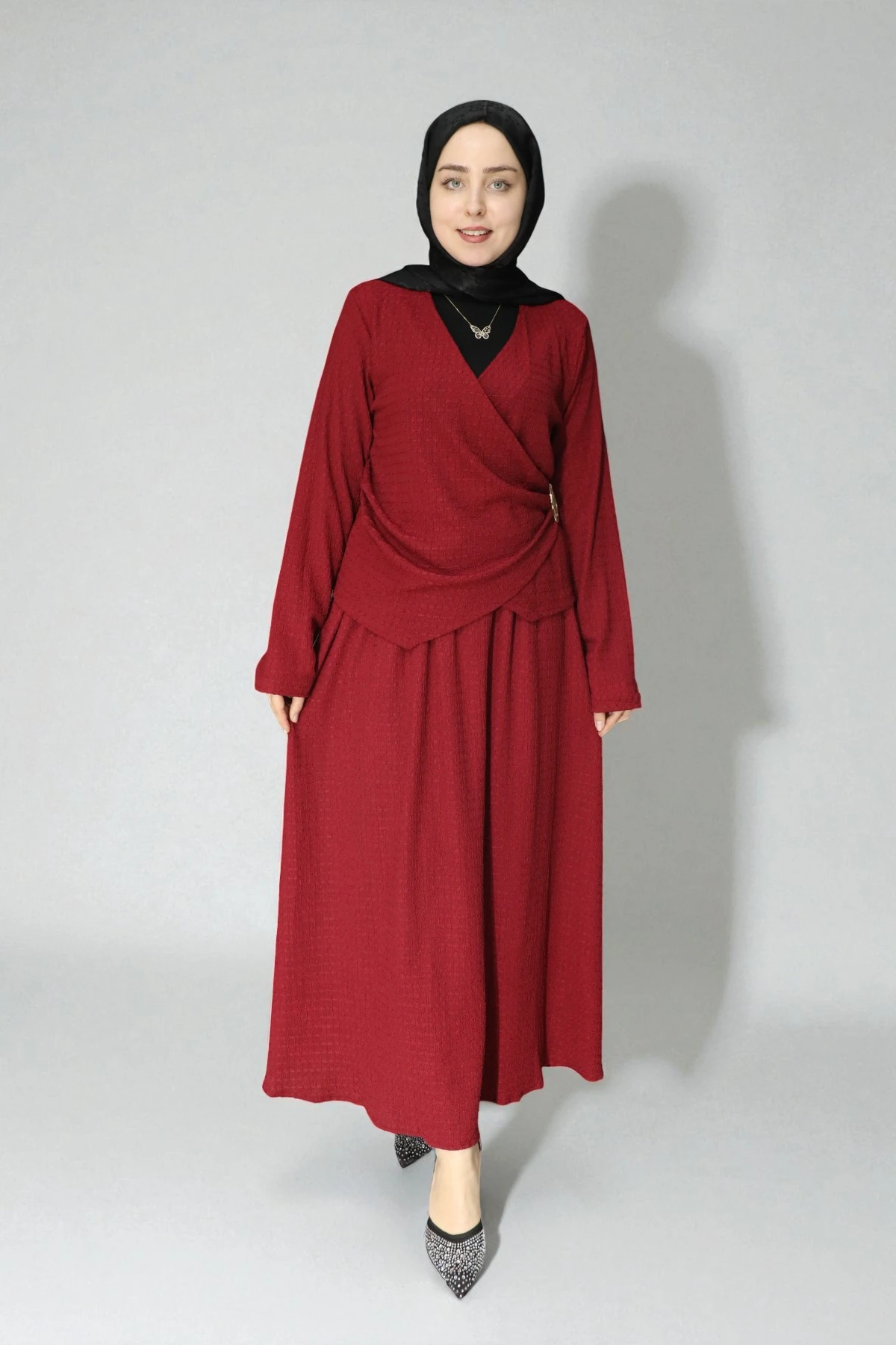 Kruvaze Drape Detaylı Geniş Etekli İkili Takım