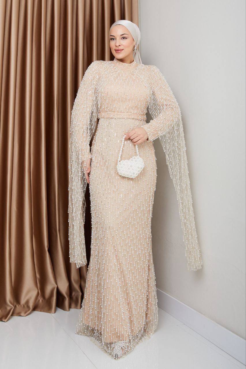 İnci İşlemeli Pelerin Detaylı Tesettür Abiye