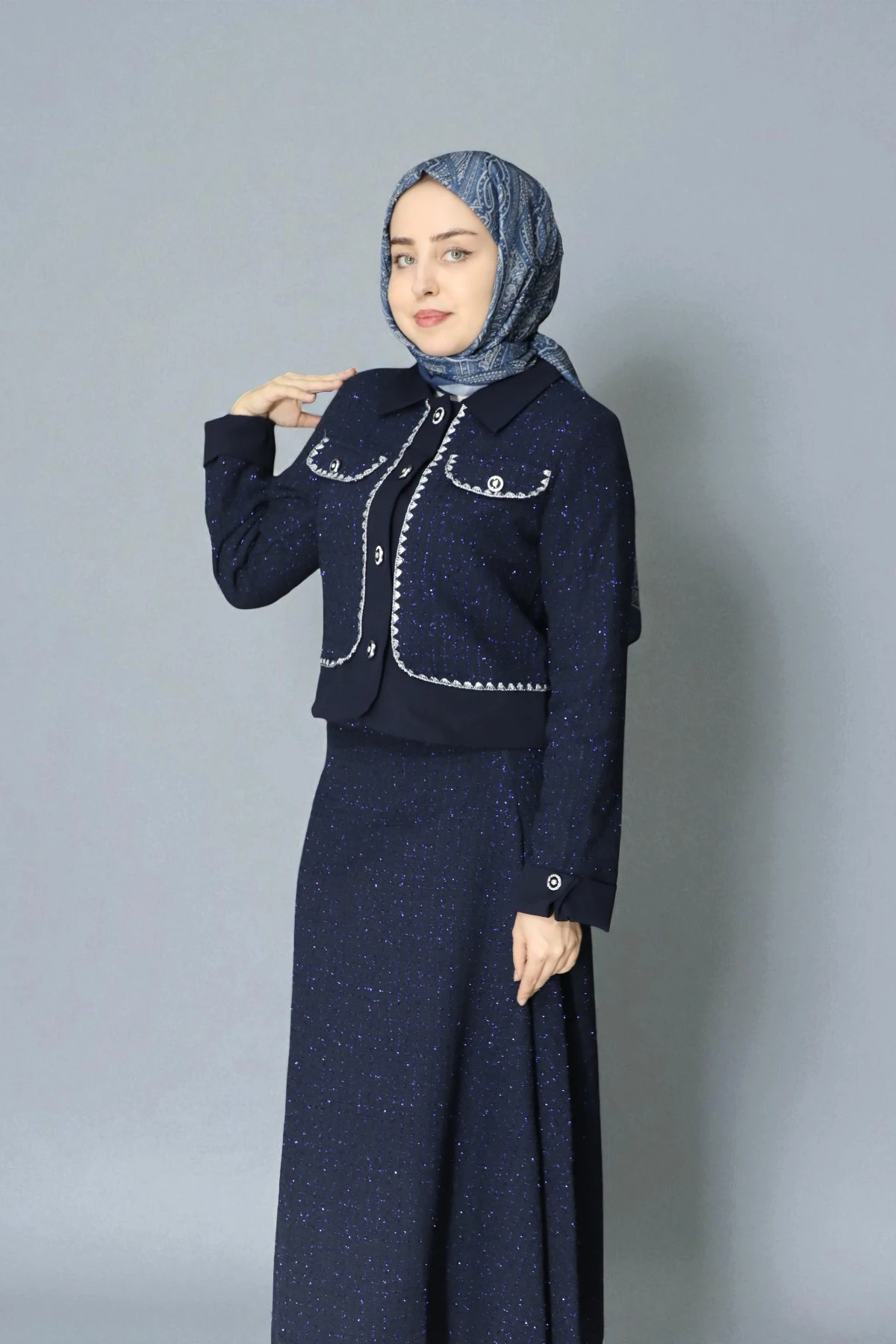 Cepli ve Düğme Detaylı Dokulu İkili Takım