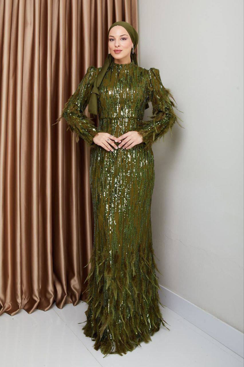 Taş ve Payet İşlemeli Tüy Detaylı Tesettür Abiye