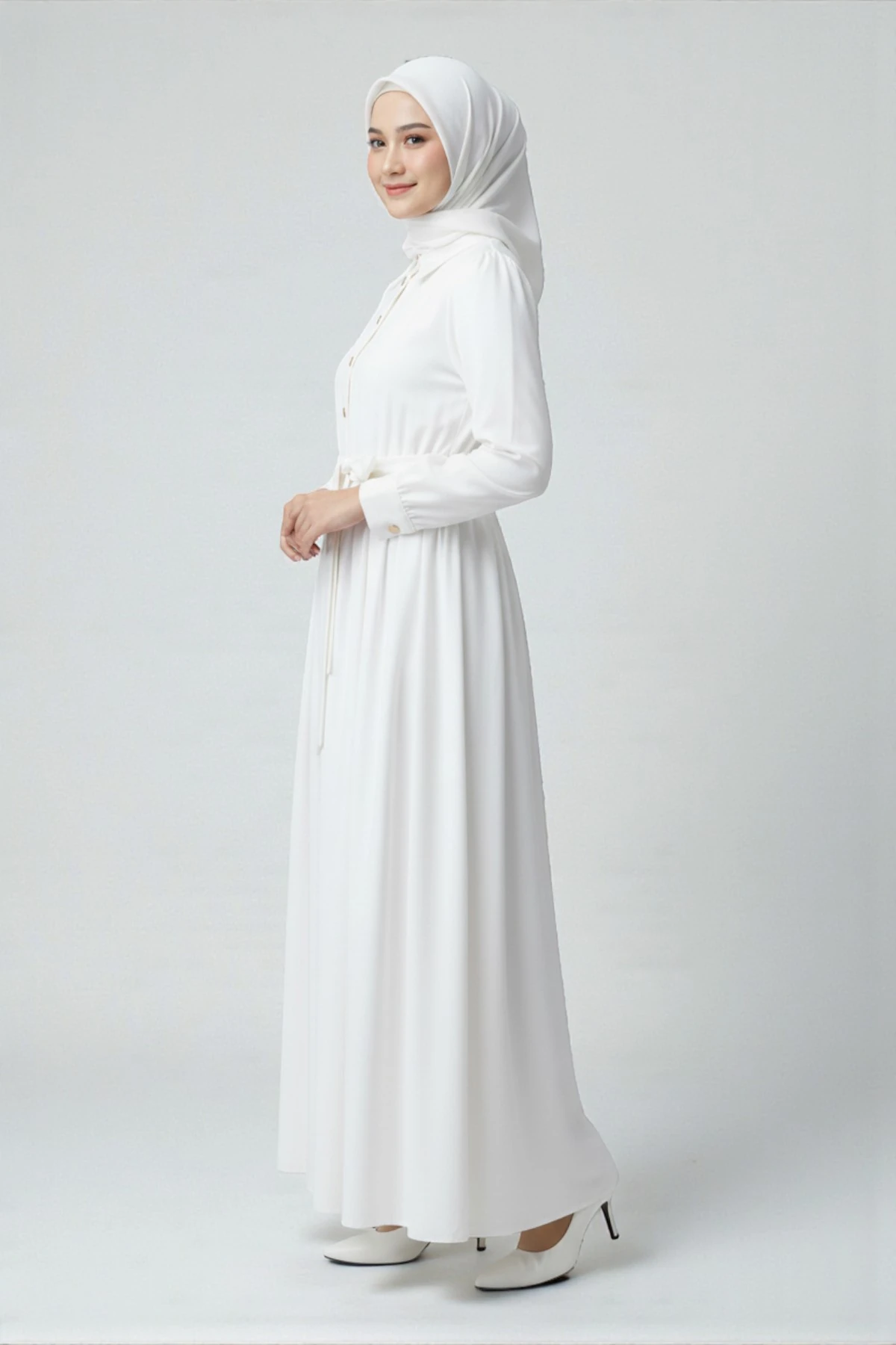 Yarım Düğmeli Kuşak Detaylı Tesettür Elbise