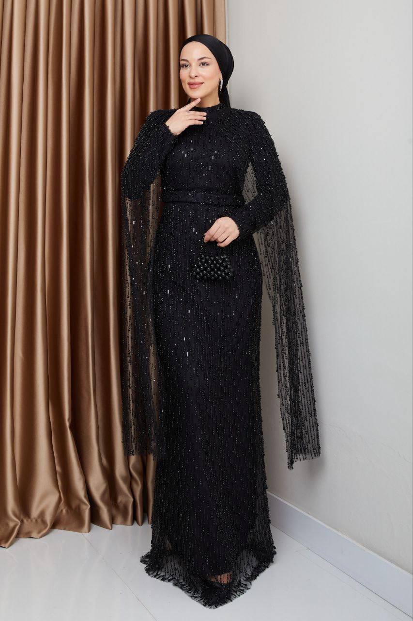 İnci İşlemeli Pelerin Detaylı Tesettür Abiye