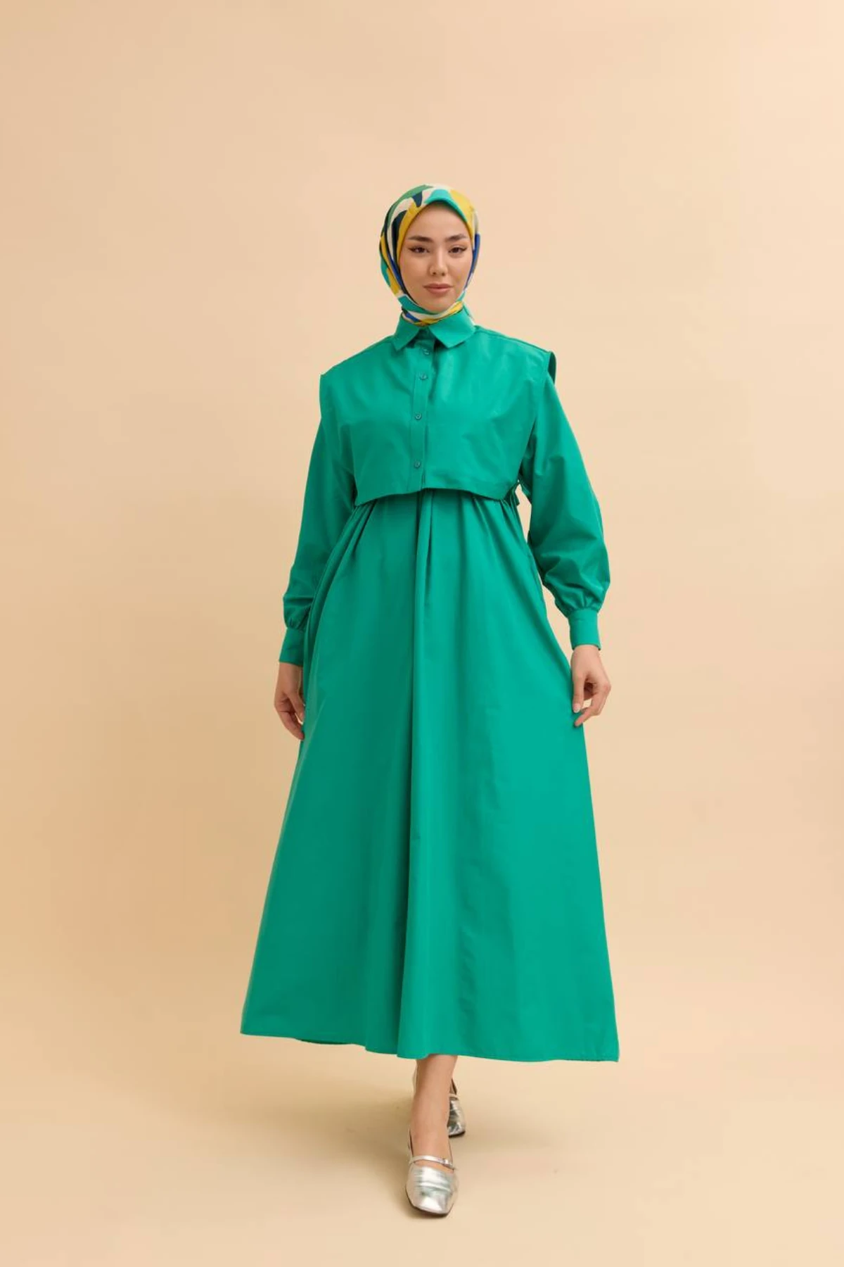 Gömlek Yaka Üst Katman Detaylı, Balon Kol Poplin Tesettür Elbise