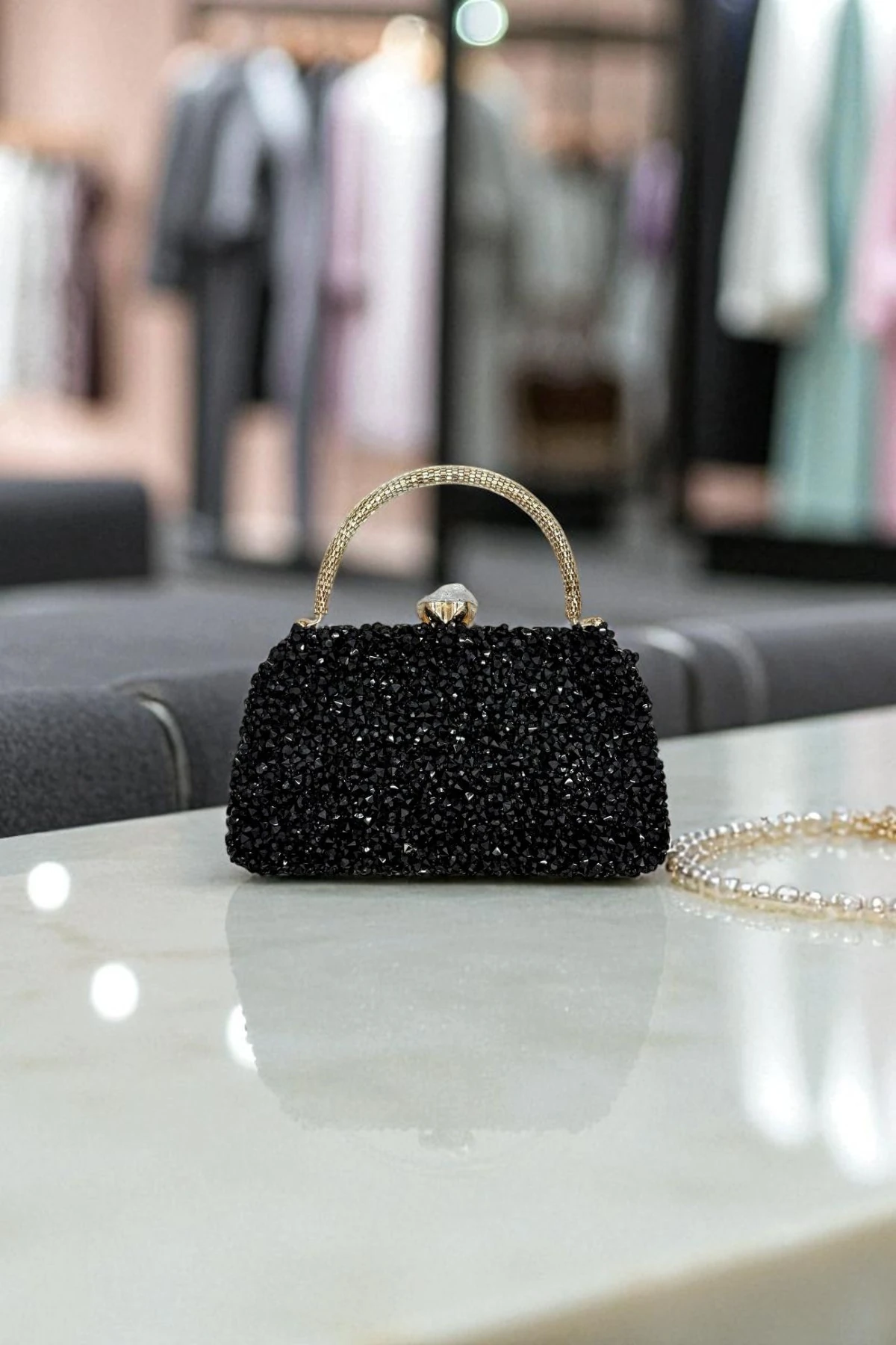 Parlak Kadife Kristal Taş Desenli Abiye Çanta