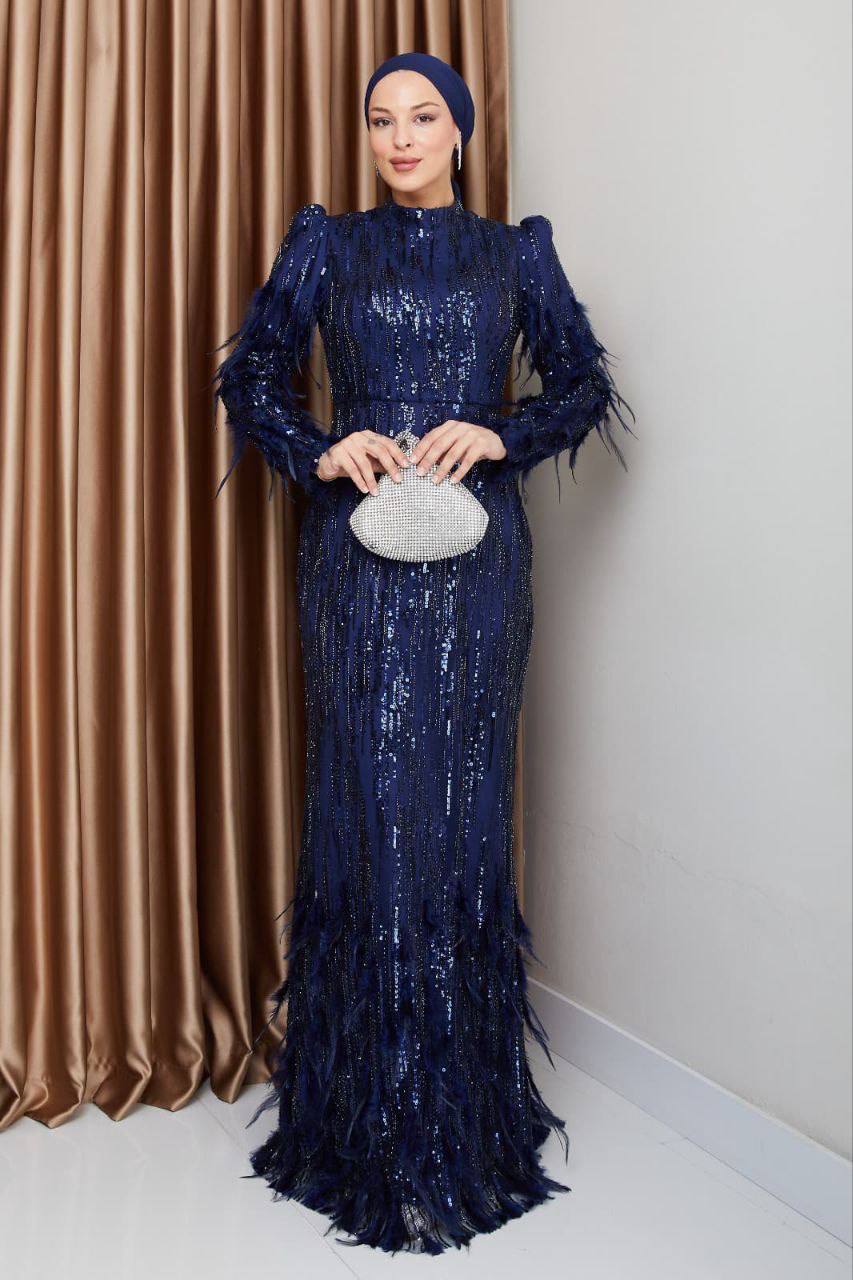 Taş ve Payet İşlemeli Tüy Detaylı Tesettür Abiye