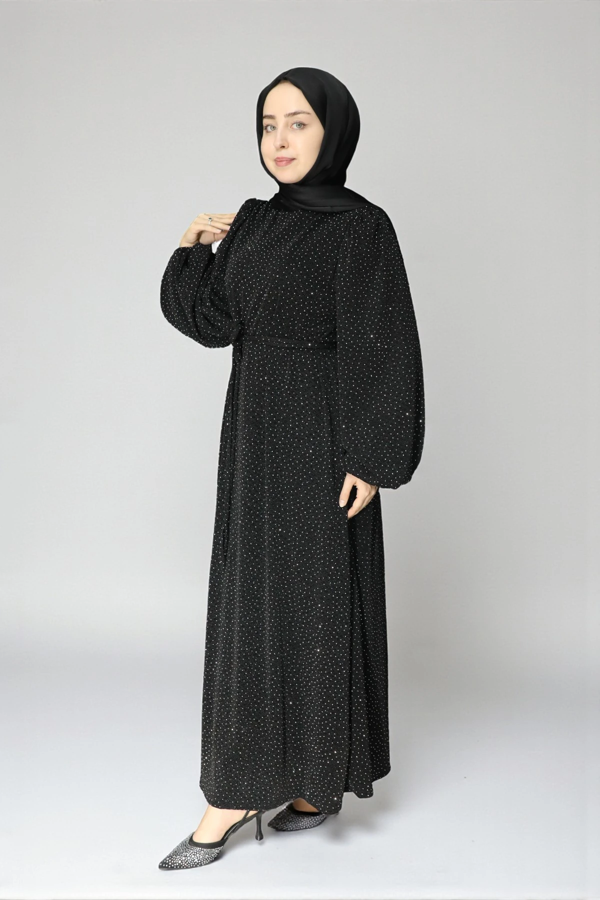 Minimal Desenli Şık Işıltılı Tesettür Elbise