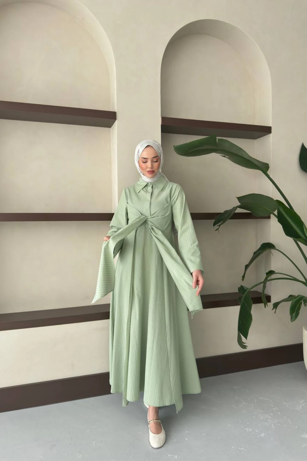 Gömlek Yaka, Geniş Kol Belden Bağlama Detaylı Viskon Çizgili Elbise