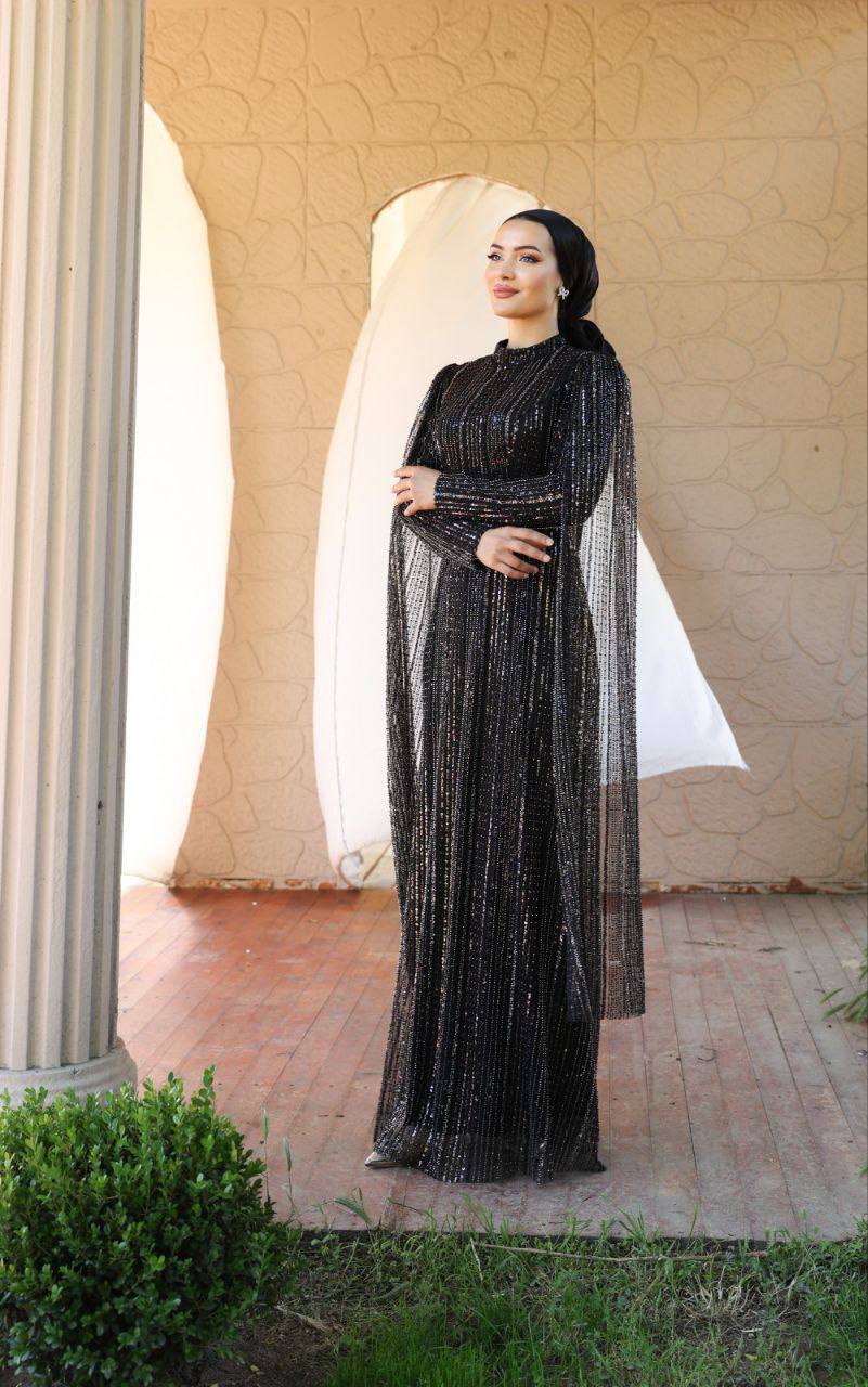 Pelerin Detaylı Taş ve Payet İşlemeli Tesettür Abiye