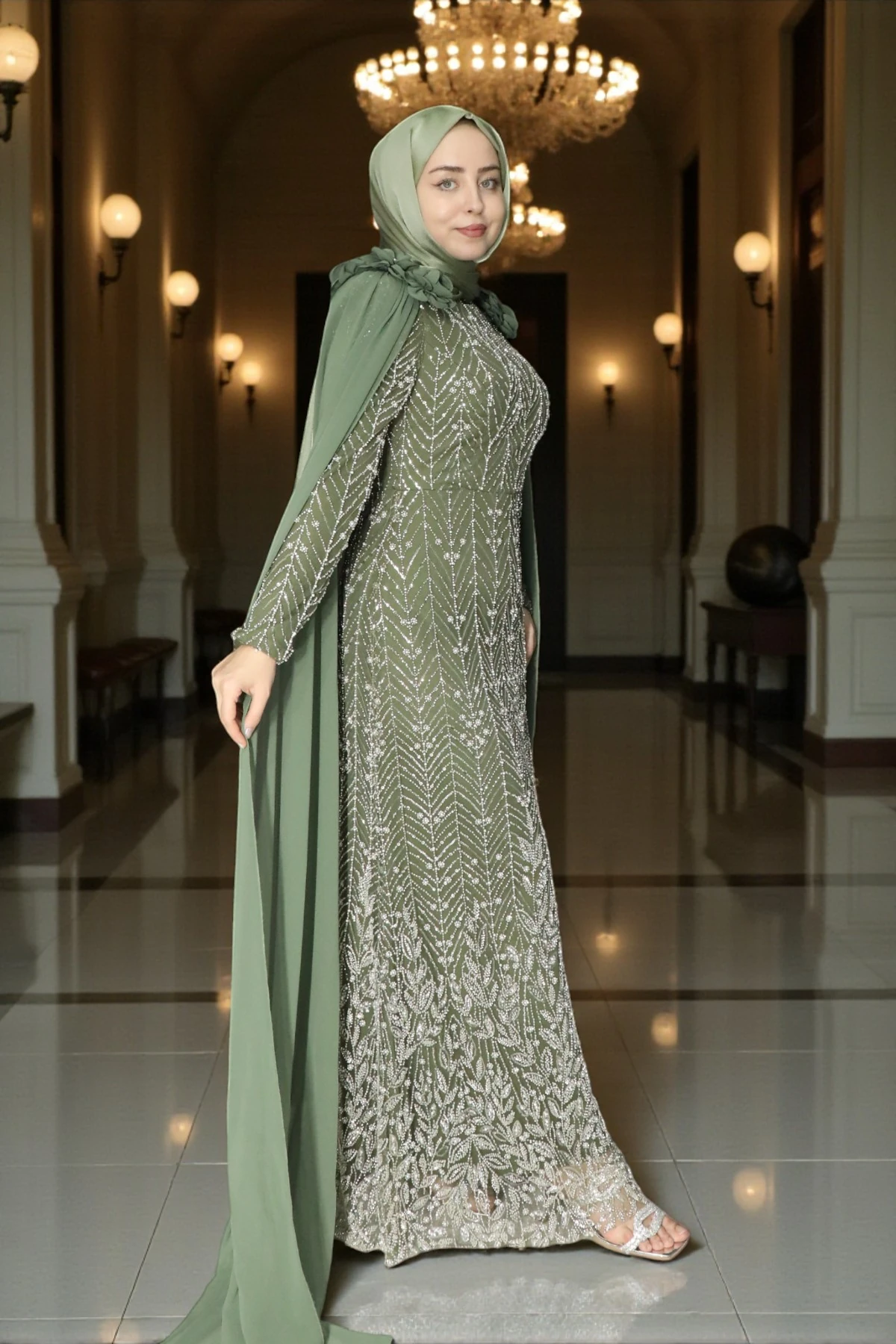 Çiçek ve Pelerin Detaylı Zarif Taş İşlemeli Tesettür Abiye