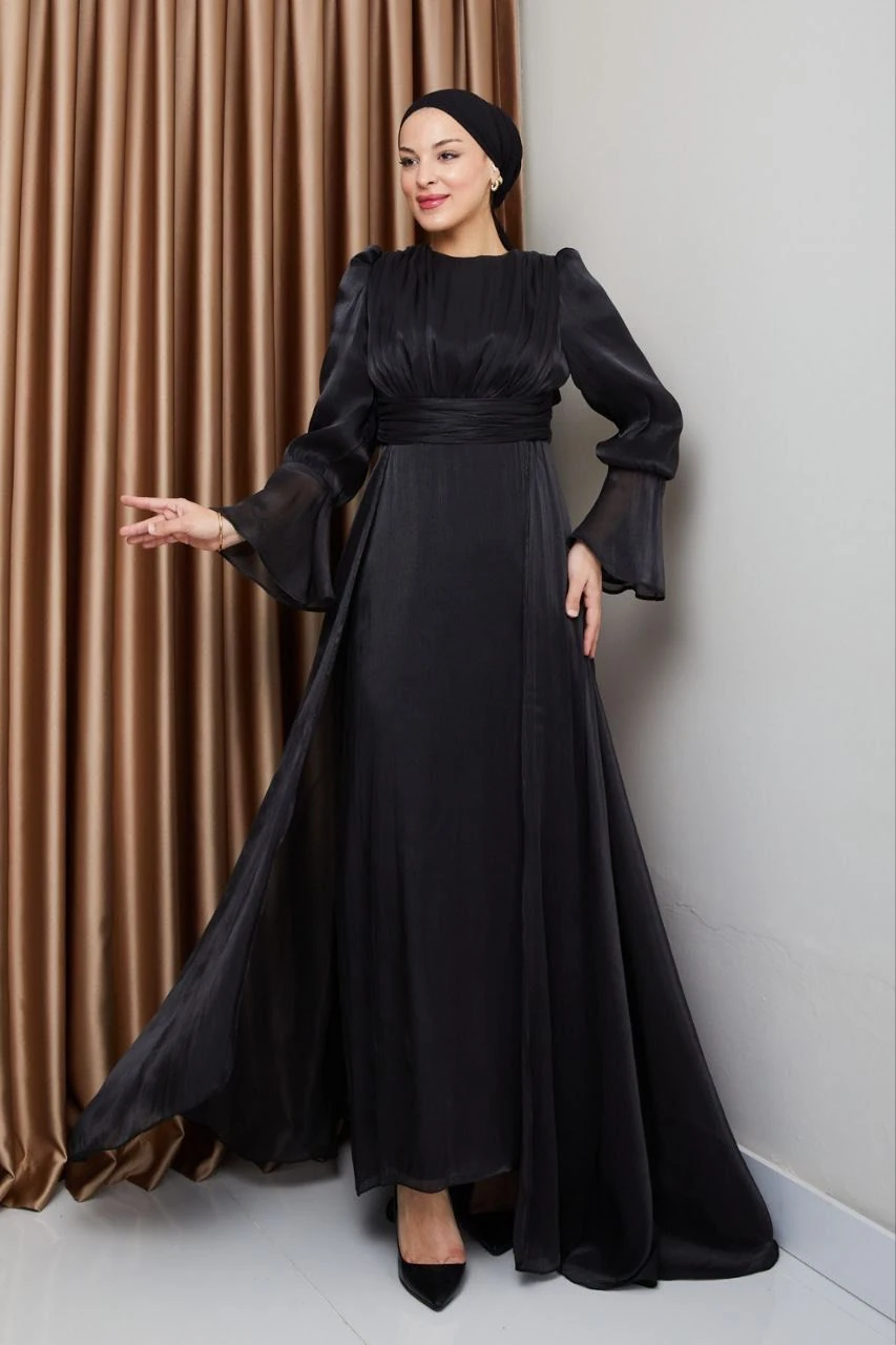 Işıltılı Akışkan Saten Tesettür Abiye