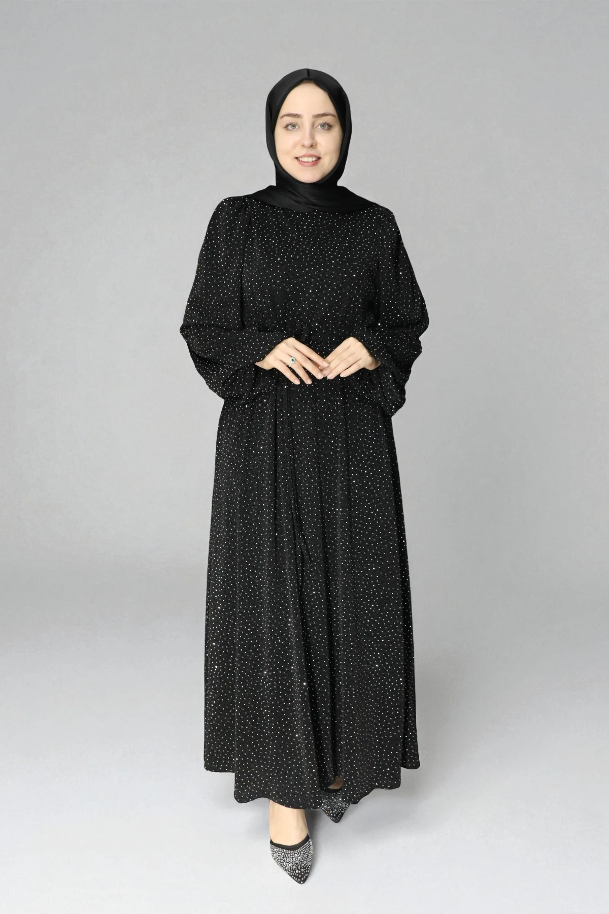 Minimal Desenli Şık Işıltılı Tesettür Elbise