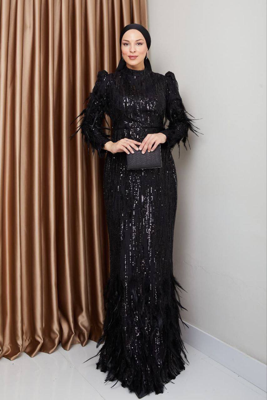 Taş ve Payet İşlemeli Tüy Detaylı Tesettür Abiye