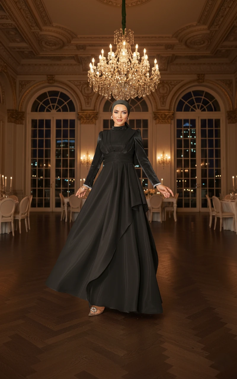 Kol Ucu Taş İşlemeli Volan Detaylı Saten Tesettür Abiye