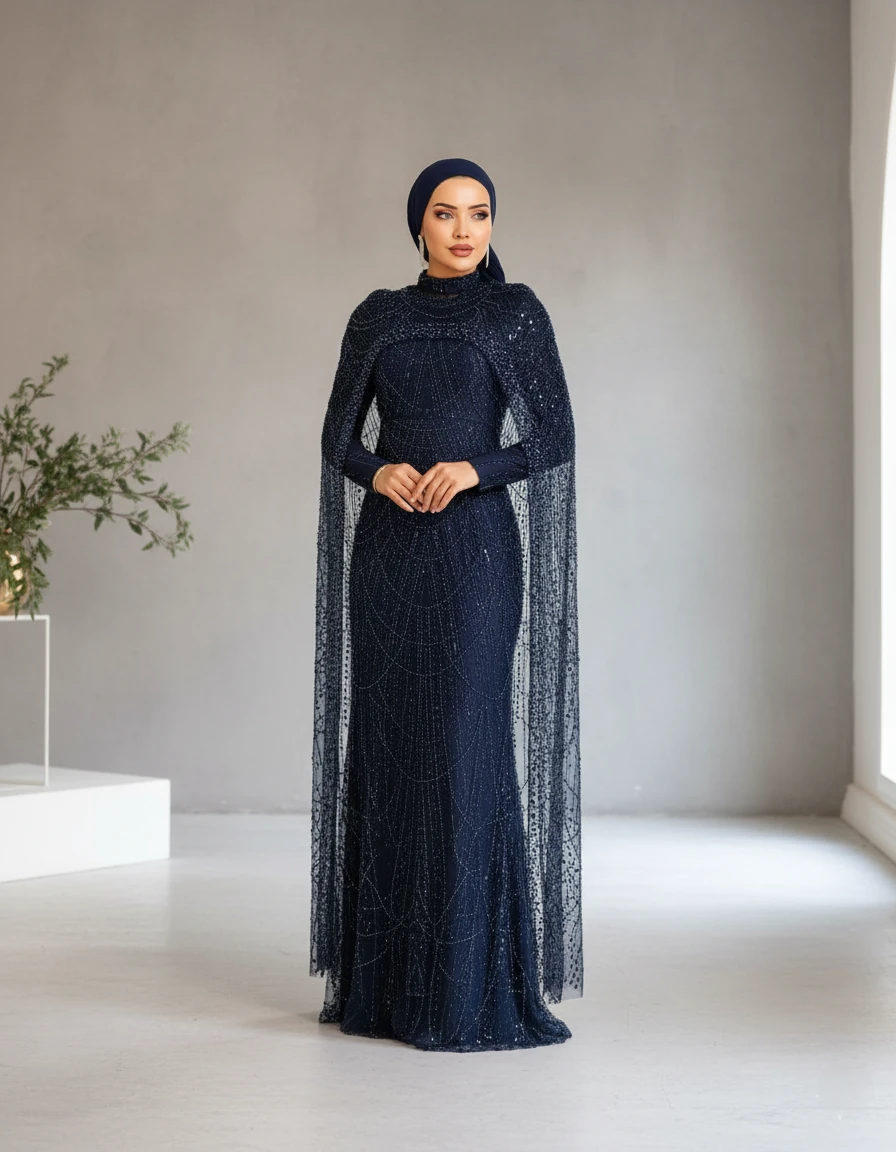 Pelerin Detaylı Boncuk İşlemeli Tesettür Abiye