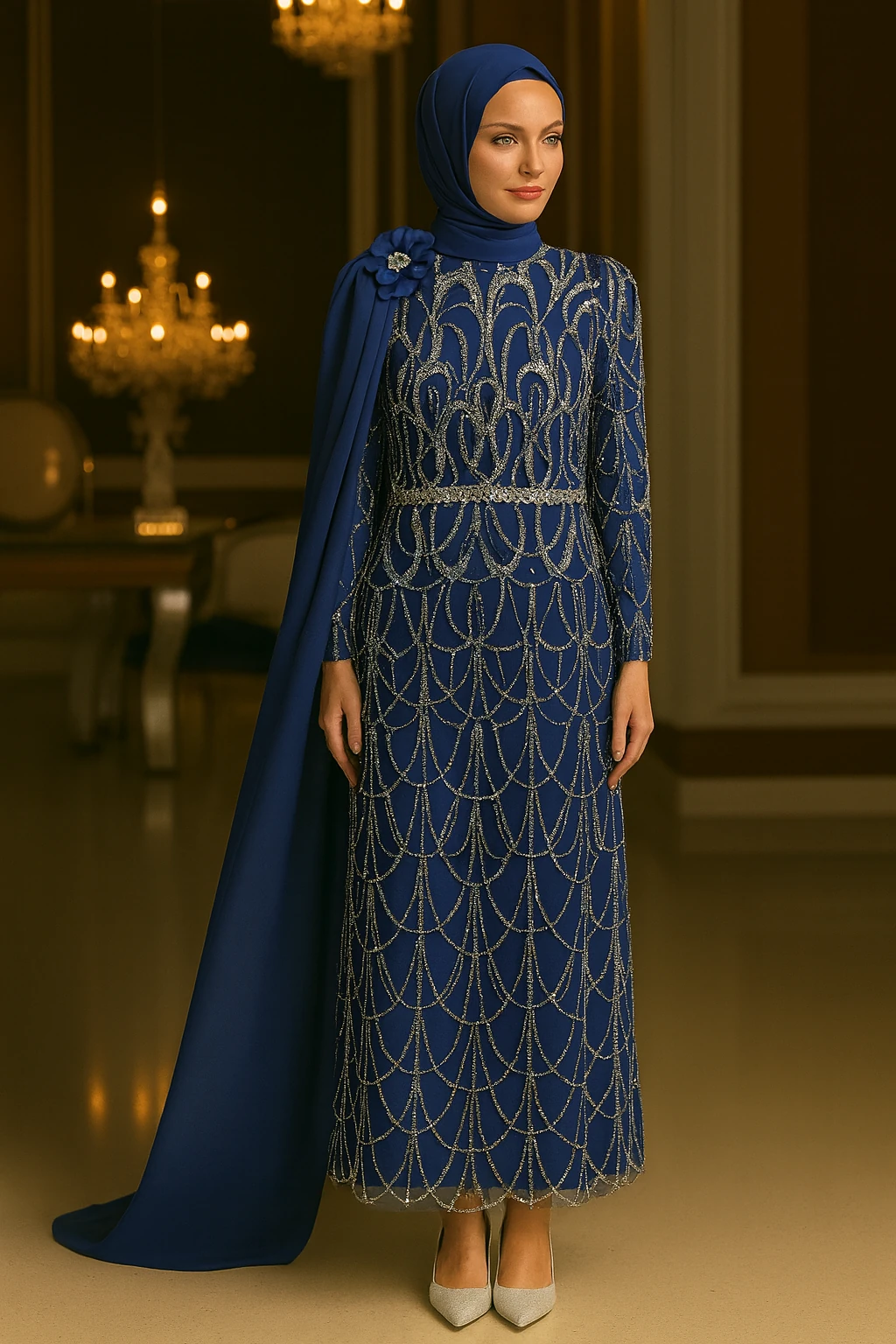 Ağır Taş İşlemeli Tül Pelerinli Tesettür Abiye