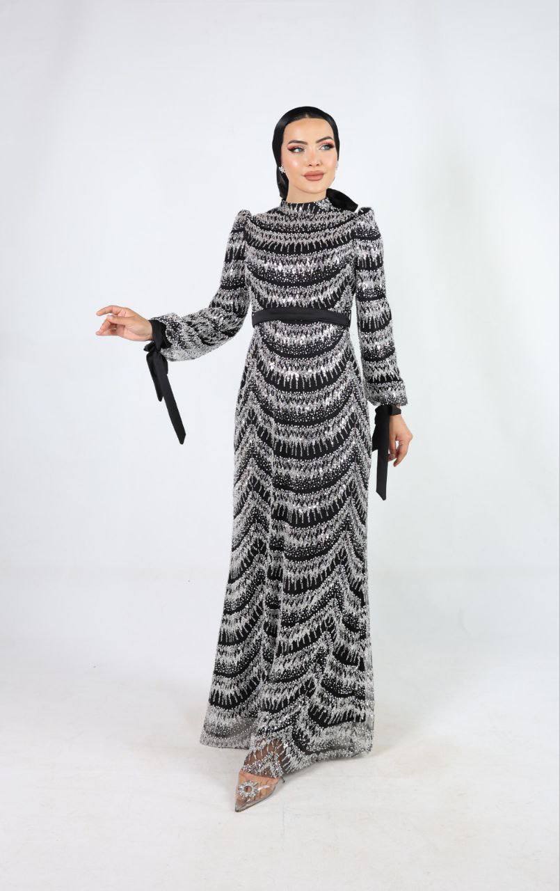 Sim ve Taş İşlemeli Kurdele Detaylı Tesettür Abiye