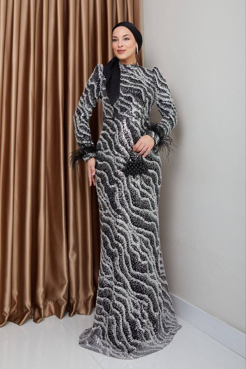 Taş ve Pul İşlemeli Tüy Detaylı Tesettür Abiye