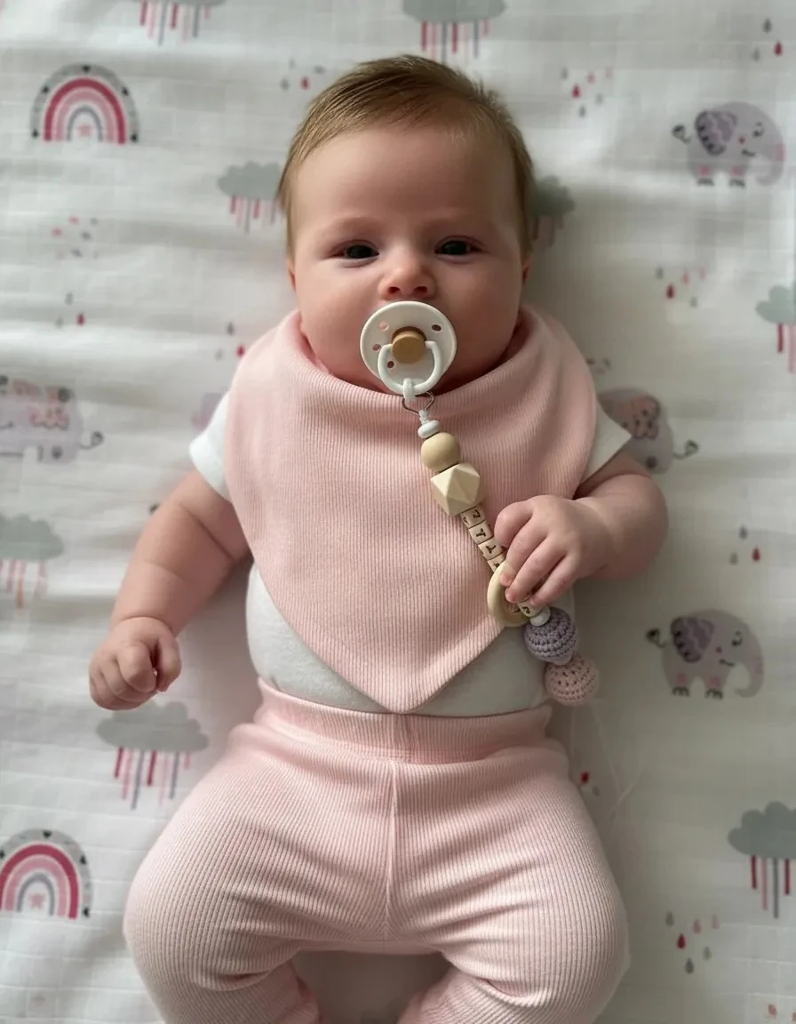 Pembe Yenidoğan İlk Ay Seti – Fitilli Tayt, Fular, Emzik Askısı ve Desenli Müslin Örtü Takım