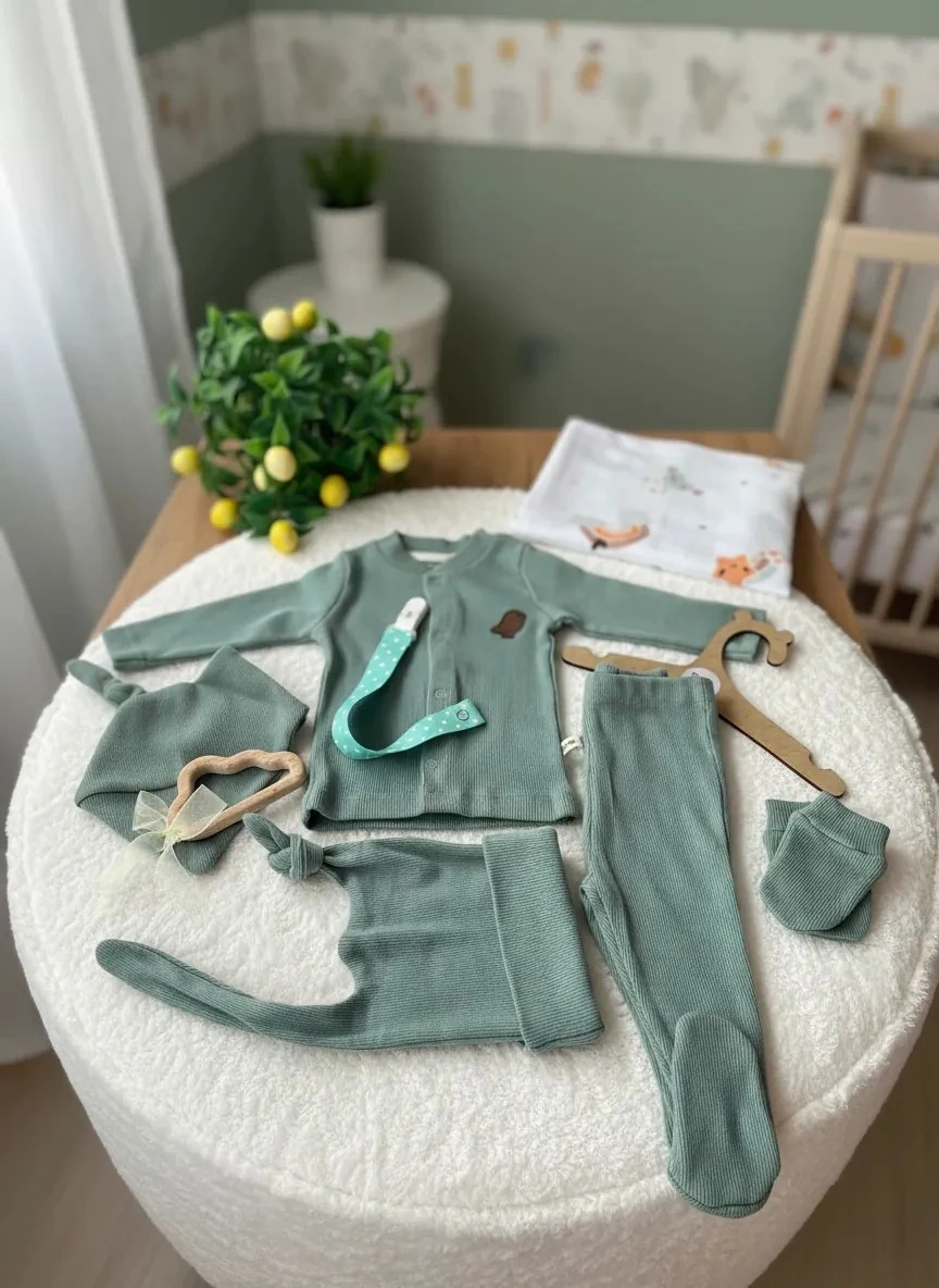 7 Parça Mint Yeşili Pamuk & Müslin Bebek Hastane Çıkış Seti | Diş Kaşıyıcı Hediyeli!
