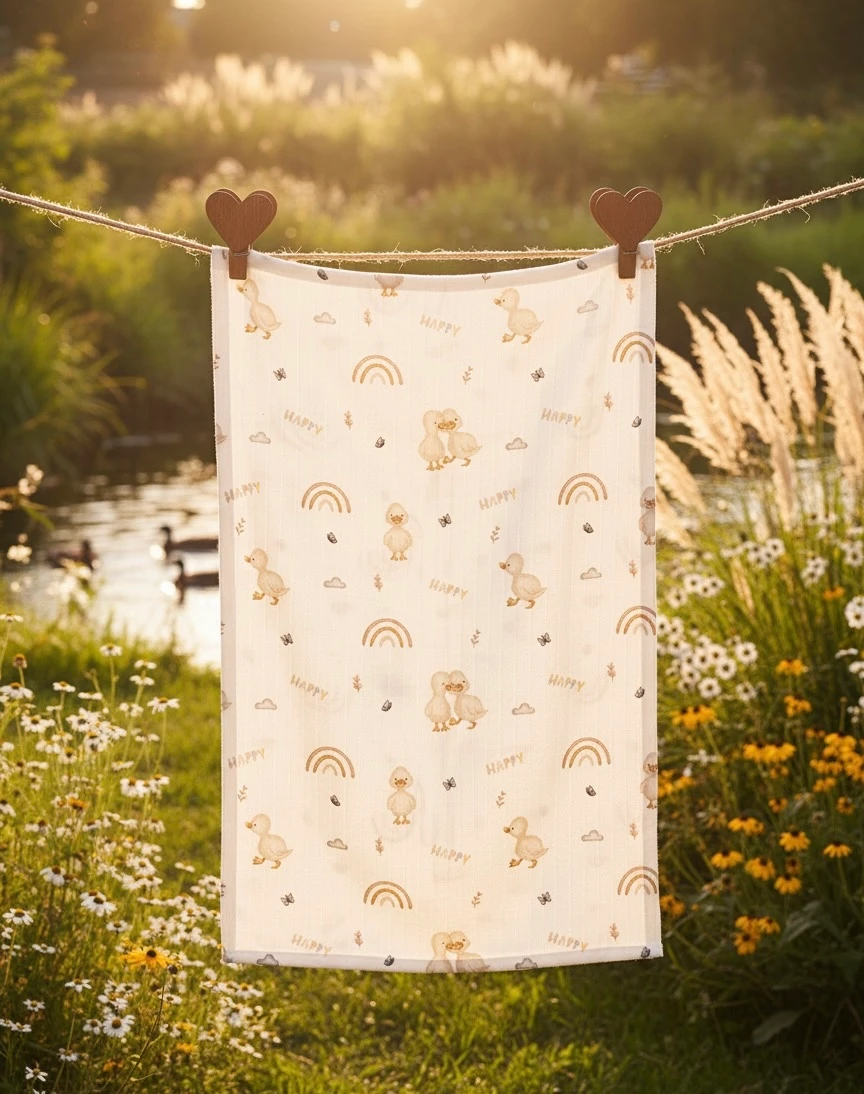 Bebek Müslin Örtü Seti I Ördek Desenli ve Düz Renk Seçenekli 2'li Set