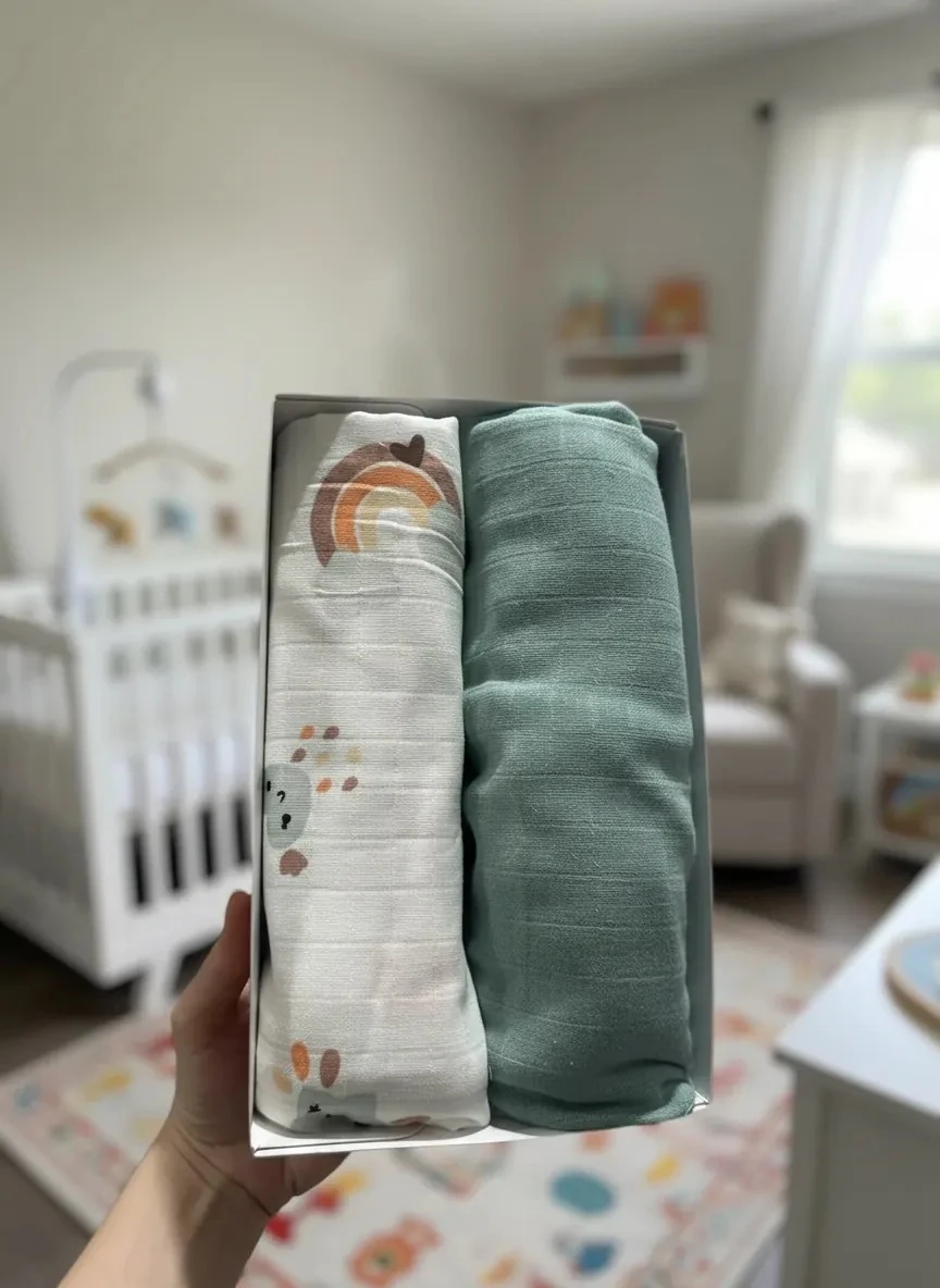 Gökkuşağı Desen ve Düz Renkli 2'li Bebek Müslin Örtü Seti