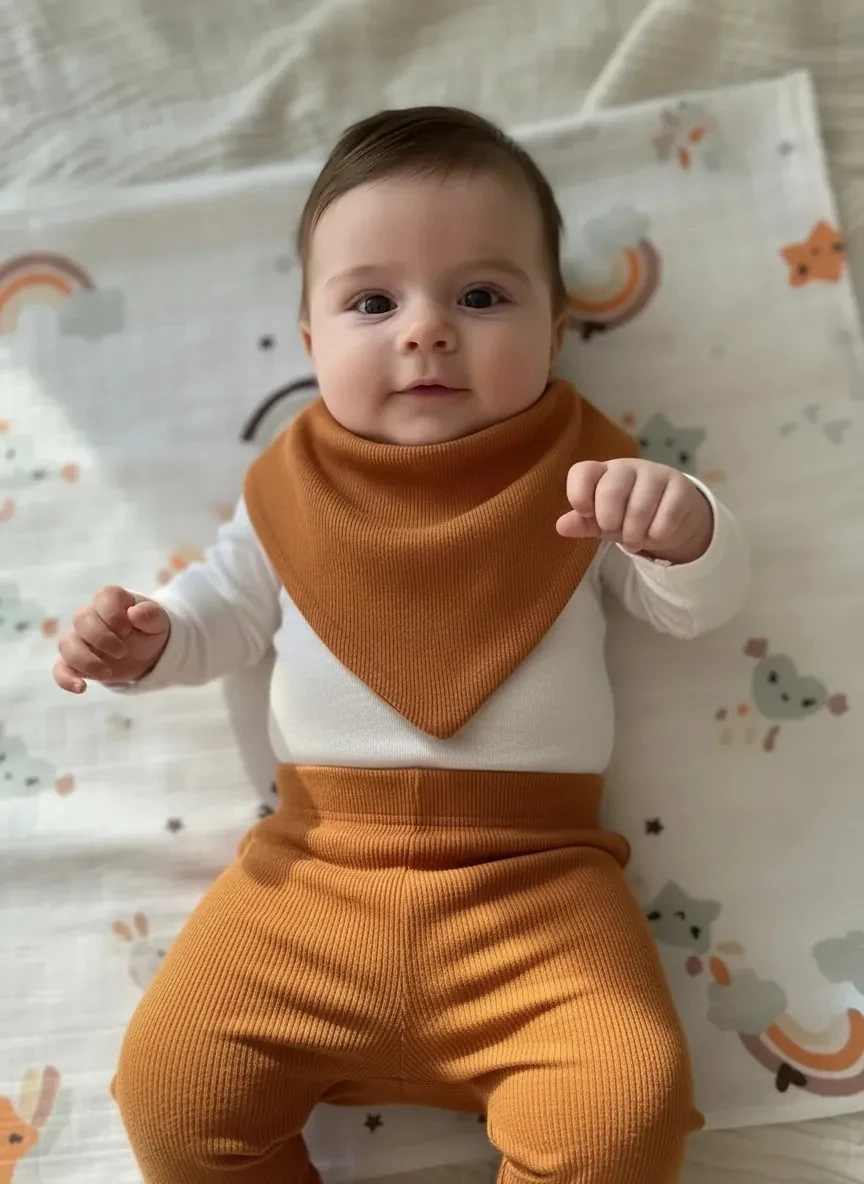 Hardal Yenidoğan İlk Ay Seti – Fitilli Tayt, Fular, Emzik Askısı ve Desenli Müslin Örtü Takım