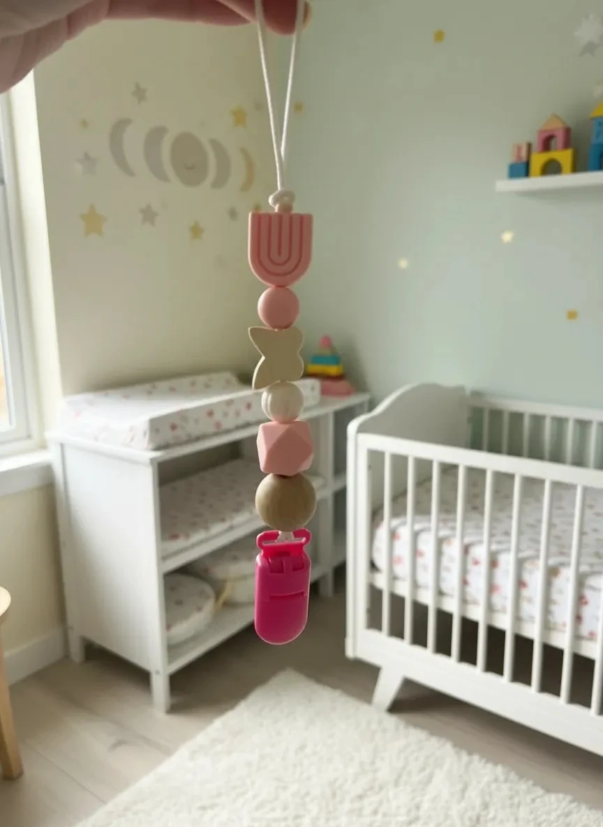 Renkli Klips Gökkuşağı Boncuk Emzik Askısı- Pembe