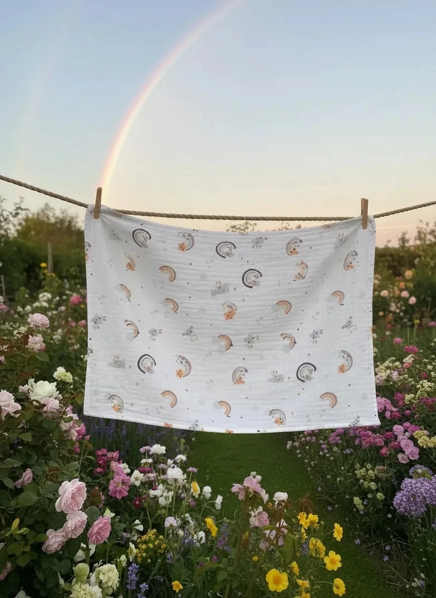 Gökkuşağı Desen ve Düz Renkli 2'li Bebek Müslin Örtü Seti