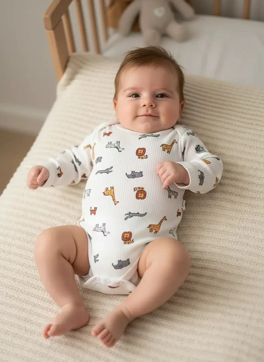 Uzun Kollu Hayvan Baskılı Fitilli Çıtçıtlı Zıbın Body | %100 Pamuk | 0-3 Ay