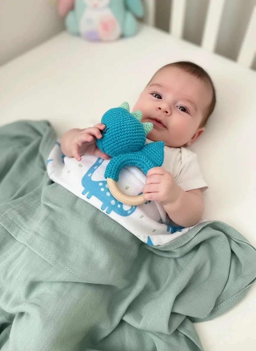 Özel Seri: Müslin Örtü Çifti & Amigurumi Dinozor