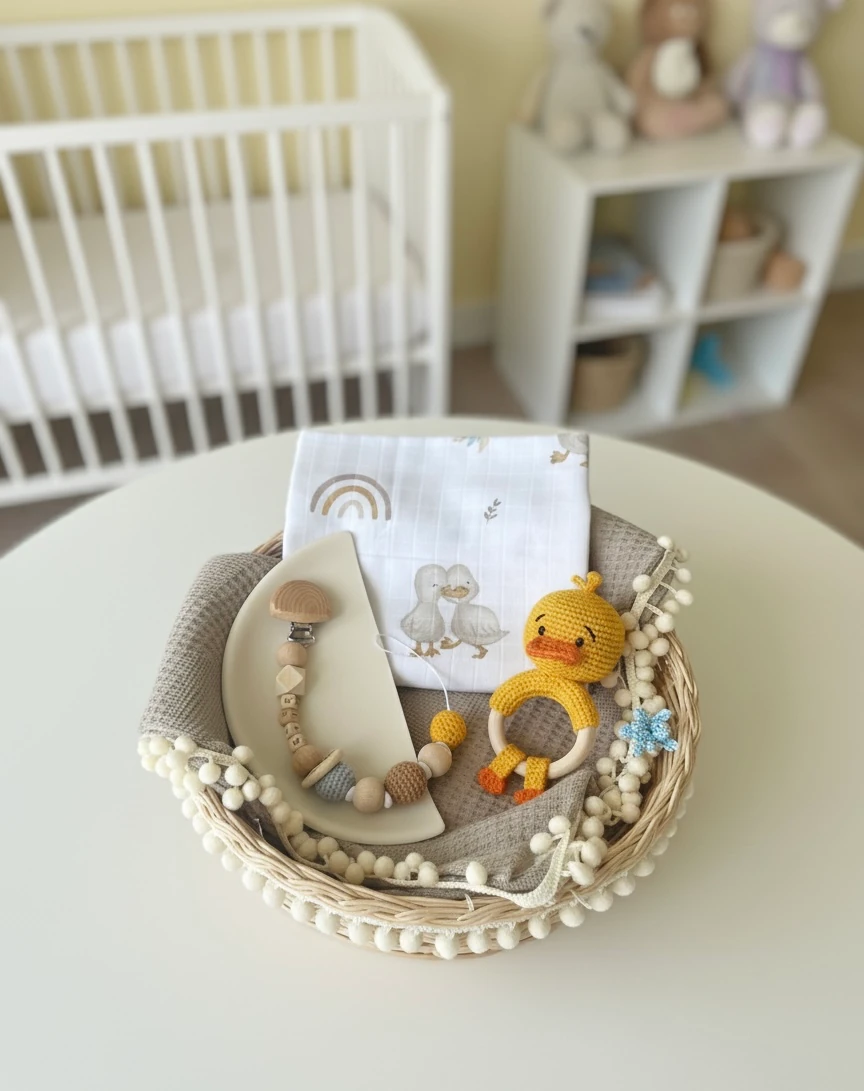 Ördekli Bebek Seti | Kişiye Özel İsimli Emzik Askılı Yenidoğan Hediye Set