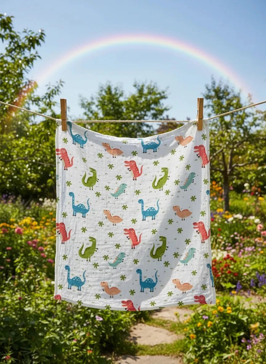 Dinozor Desenli ve Düz Renkli 2'li Bebek Müslin Örtü Seti