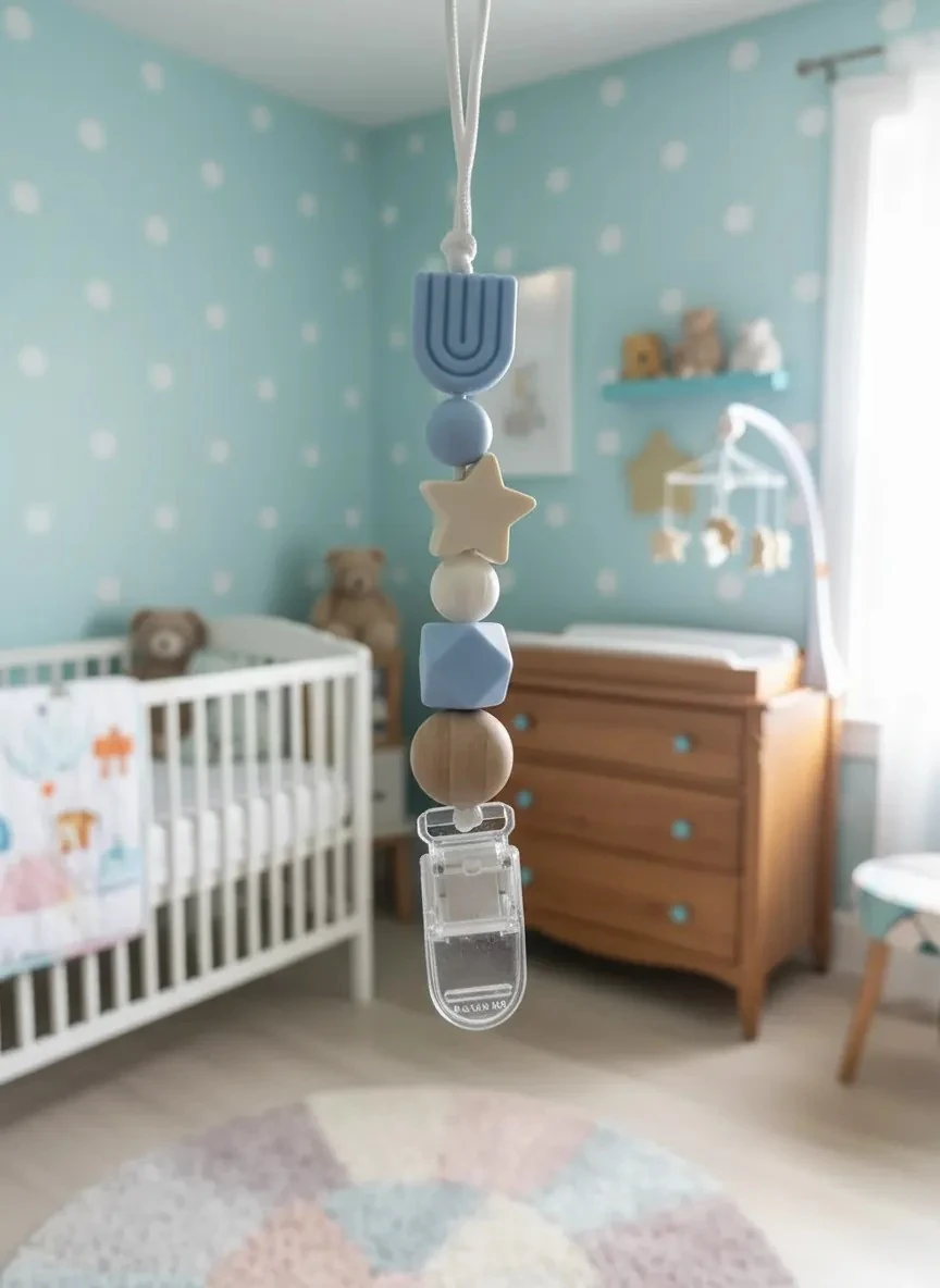 Renkli Klips Gökkuşağı Boncuk Emzik Askısı- Mavi