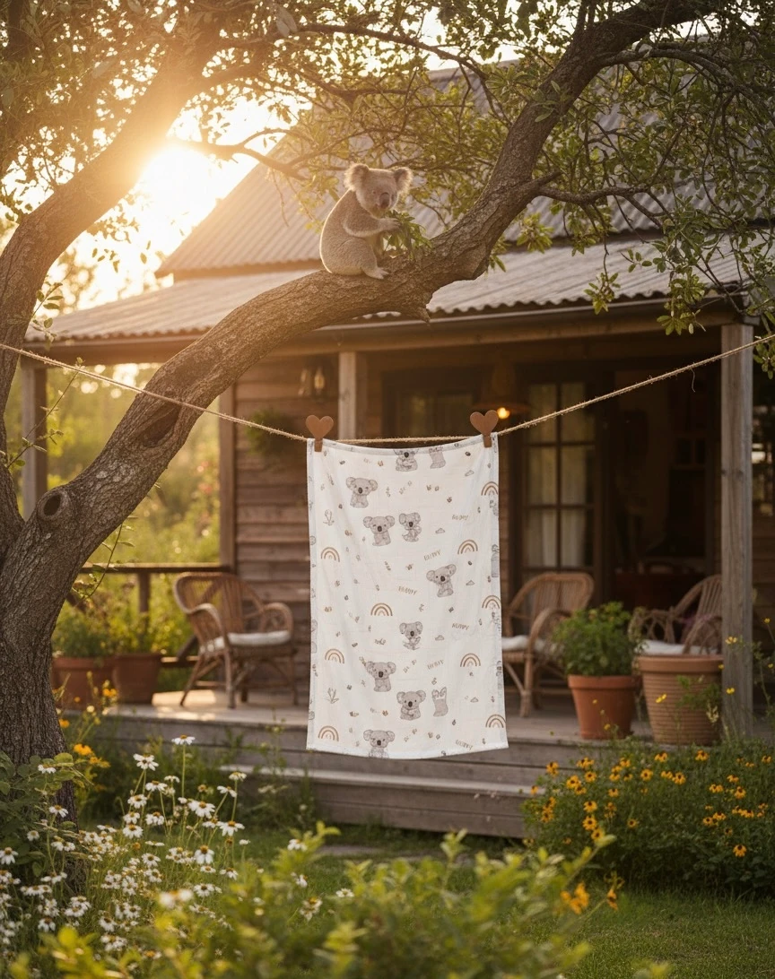 Bebek Müslin Örtü Seti I Koala Desenli ve Düz Renk Seçenekli 2'li Set